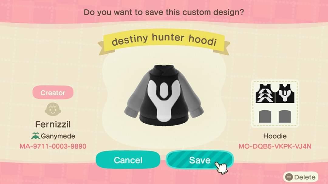 Animal Crossing Design Code: MO-DQB5-VKPK-VJ4N Destiny Hunter Hoodi