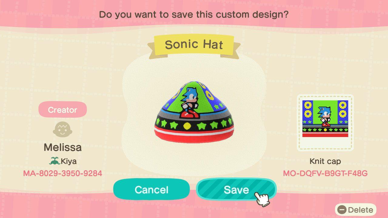 Animal Crossing Design Code: MO-DQFV-B9GT-F48G Sonic Hat