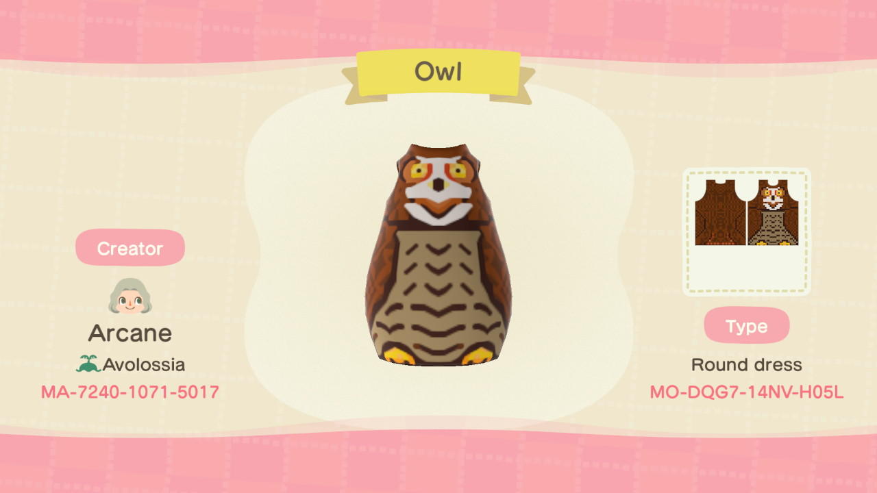 Animal Crossing Design Code: MO-DQG7-14NV-H05L Owl