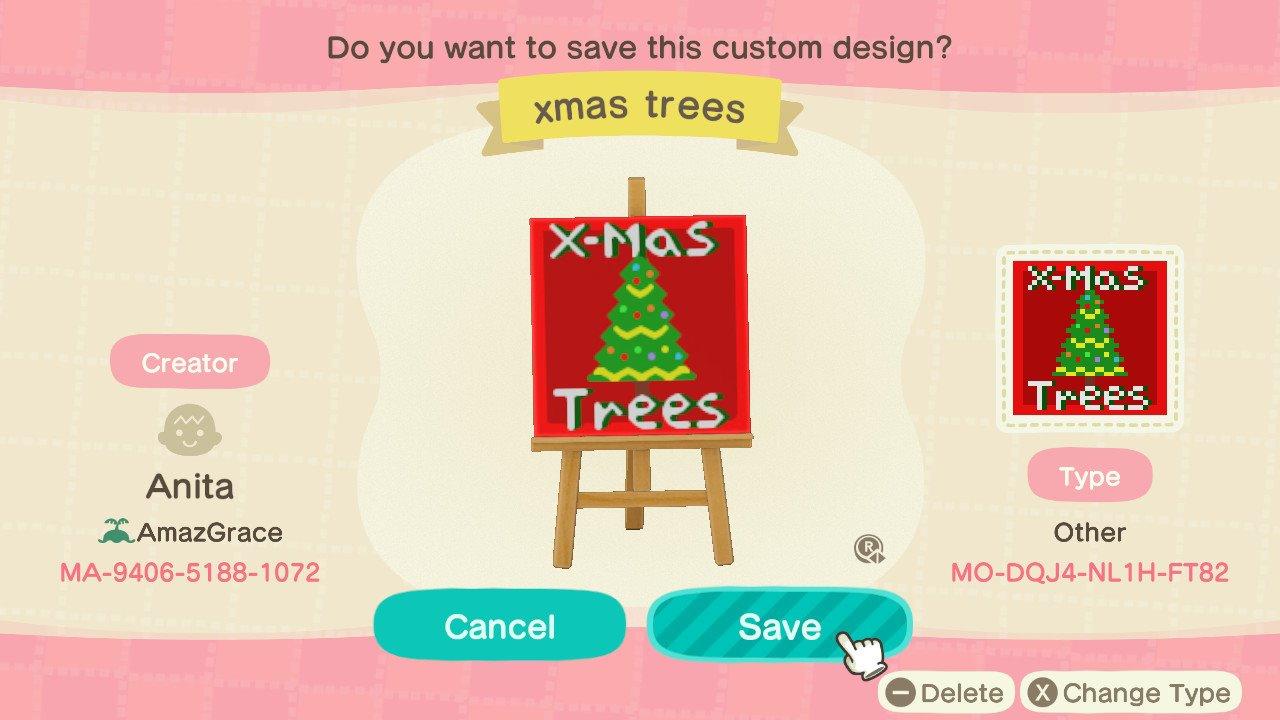 Animal Crossing Design Code: MO-DQJ4-NL1H-FT82 Xmas trees sign