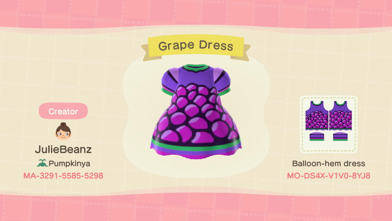 Animal Crossing Design Code: MO-DS4X-V1V0-8YJ8 Grape Dress