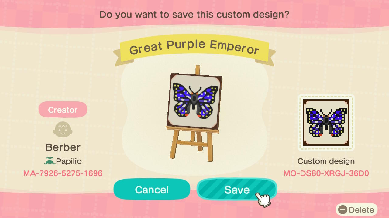 Animal Crossing Design Code: MO-DS80-XRGJ-36D0 Great Purple Emperor