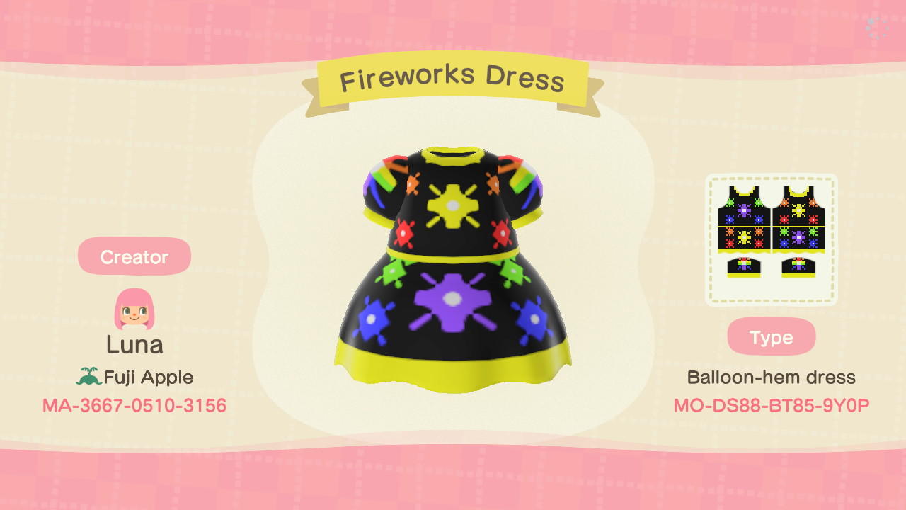 Animal Crossing Design Code: MO-DS88-BT85-9Y0P Fireworks Dress
