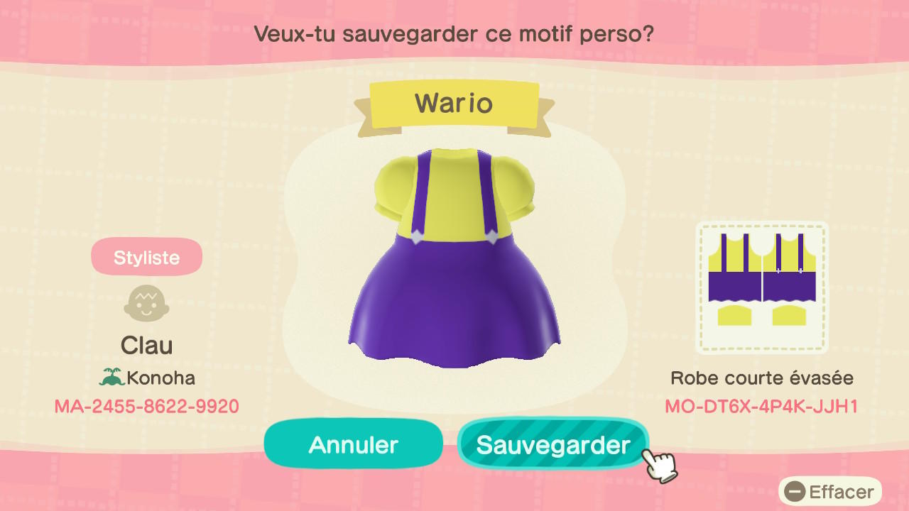 Animal Crossing Design Code: MO-DT6X-4P4K-JJH1 Wario Dress