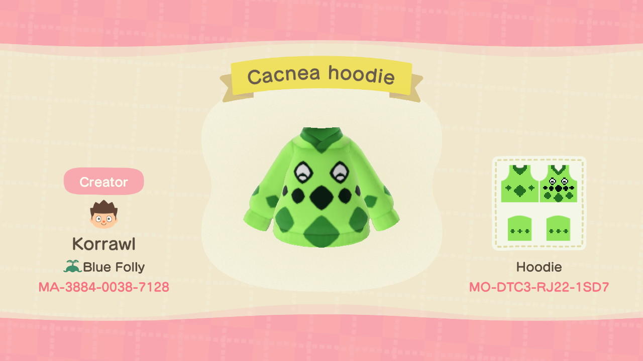 Animal Crossing Design Code: MO-DTC3-RJ22-1SD7 Happy Cacnea Hoodie