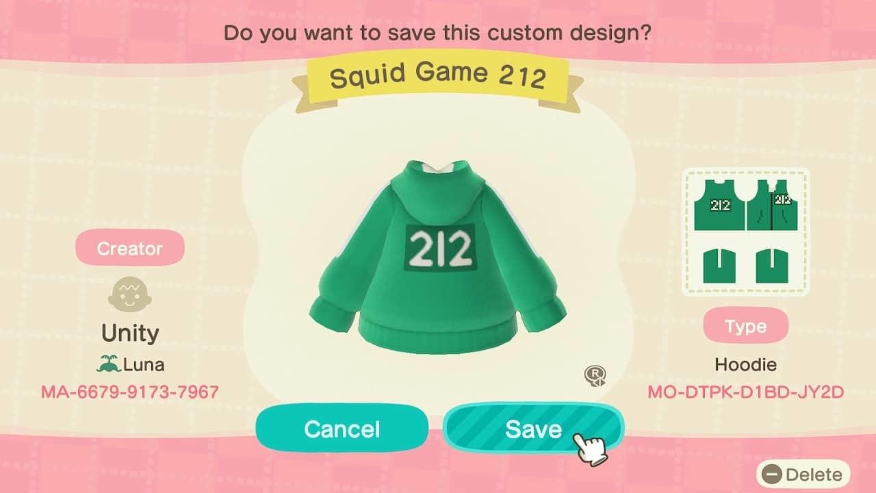 Animal Crossing Design Code: MO-DTPK-D1BD-JY2D Squid Game 212