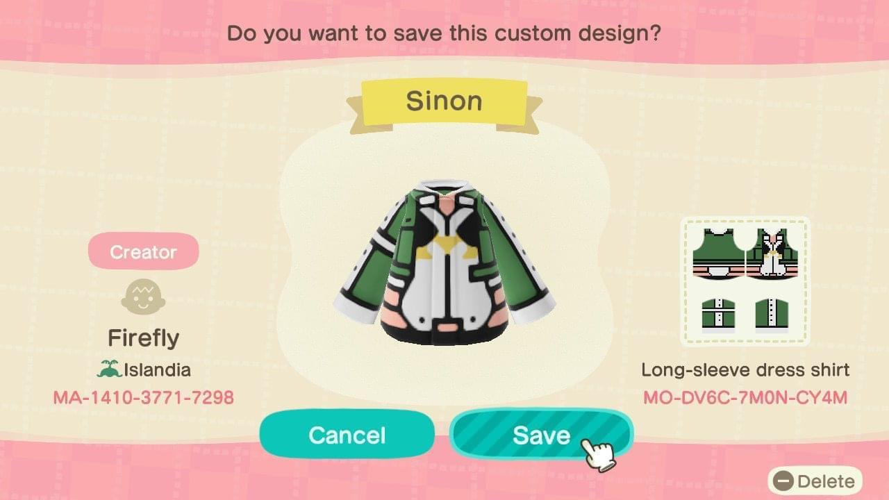Animal Crossing Design Code: MO-DV6C-7M0N-CY4M Sinon