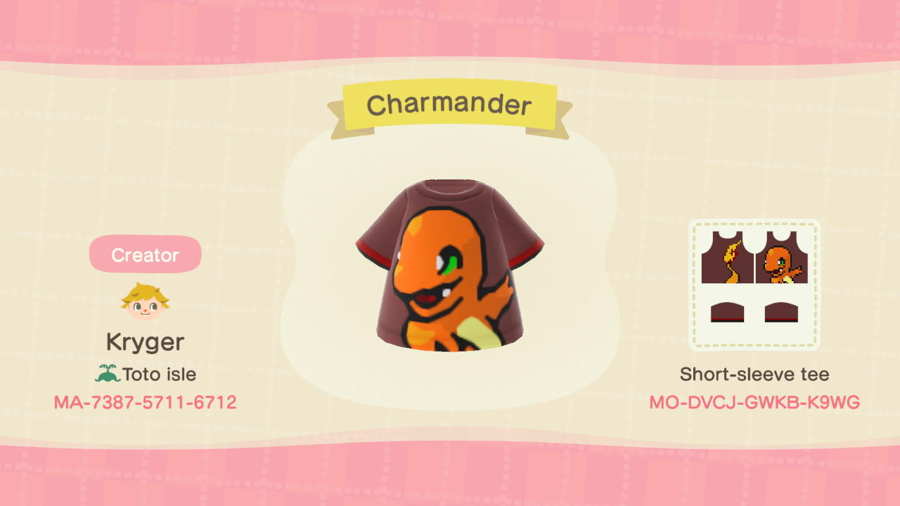Animal Crossing Design Code: MO-DVCJ-GWKB-K9WG Charmander shirt