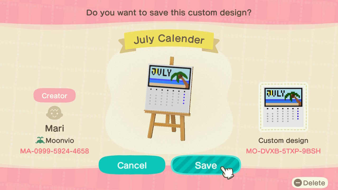 Animal Crossing Design Code: MO-DVXB-5TXP-9BSH July Calender