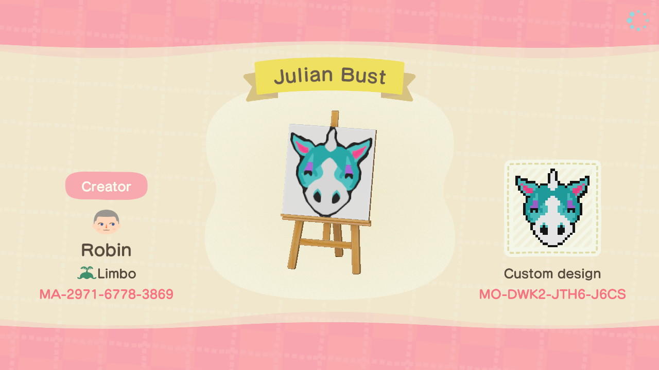 Animal Crossing Design Code: MO-DWK2-JTH6-J6CS Julian Bust