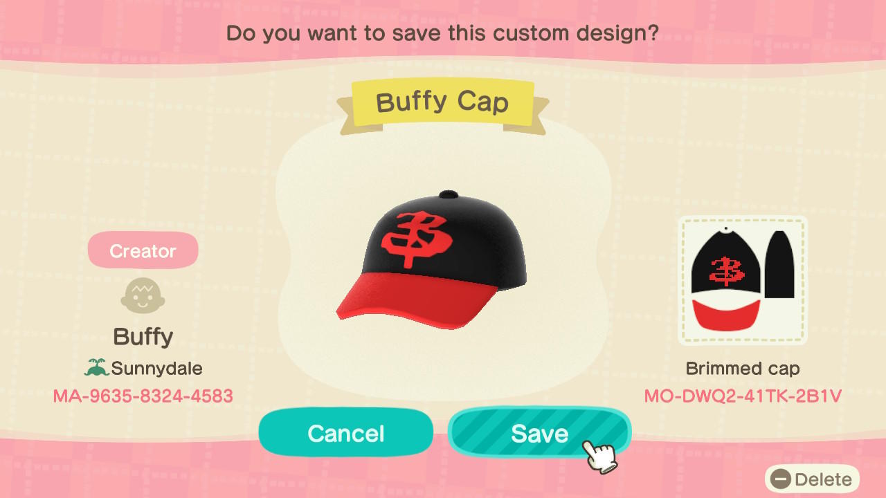Animal Crossing Design Code: MO-DWQ2-41TK-2B1V Buffy Cap