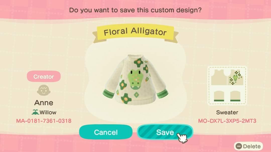 Animal Crossing Design Code: MO-DX7L-3XP5-2MT3 Floral Alligator