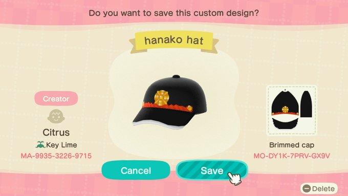 Animal Crossing Design Code: MO-DY1K-7PRV-GX9V hanako hat