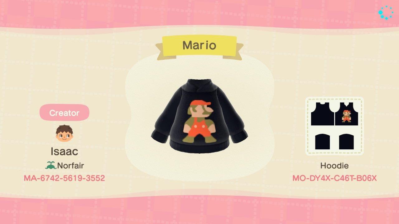 Animal Crossing Design Code: MO-DY4X-C46T-B06X Mario Black Hoodie