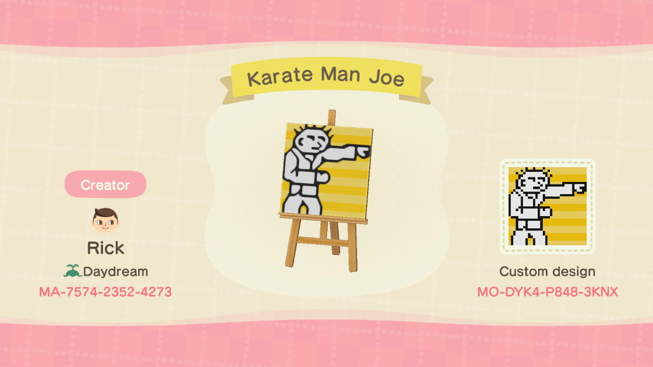 Animal Crossing Design Code: MO-DYK4-P848-3KNX Karate Man Joe