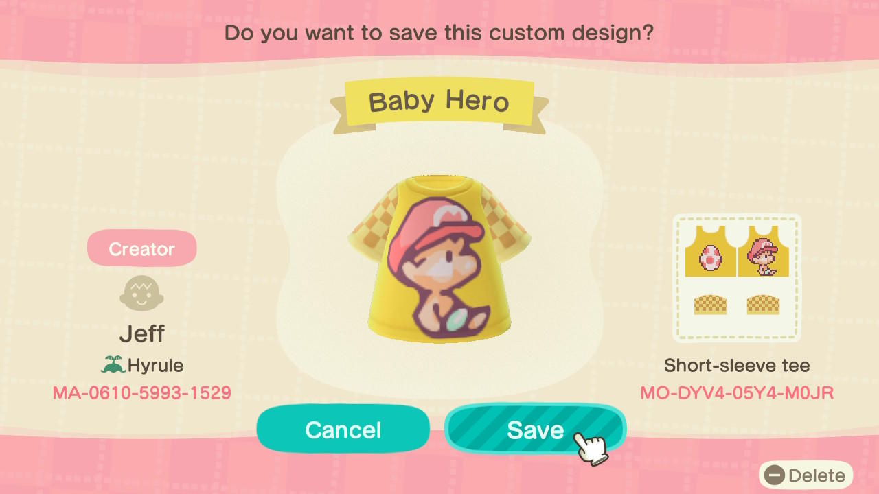 Animal Crossing Design Code: MO-DYV4-05Y4-M0JR Baby Hero