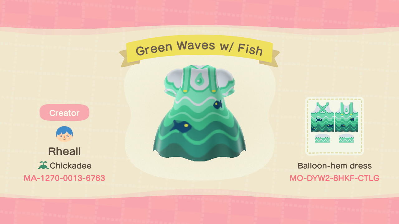 Animal Crossing Design Code: MO-DYW2-8HKF-CTLG Green Waves w/ Fish