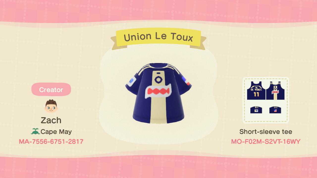 Animal Crossing Design Code: MO-F02M-S2VT-16WY Union Le Toux Jersey