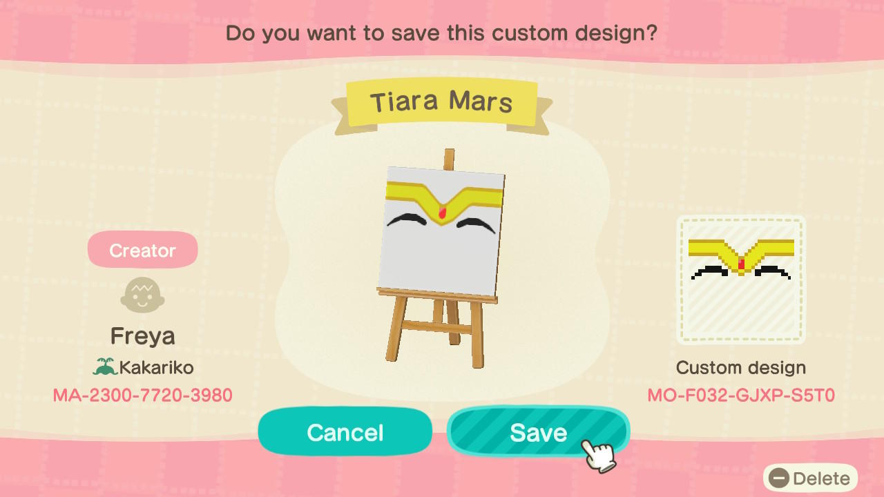 Animal Crossing Design Code: MO-F032-GJXP-S5T0 Sailor Mars Tiara