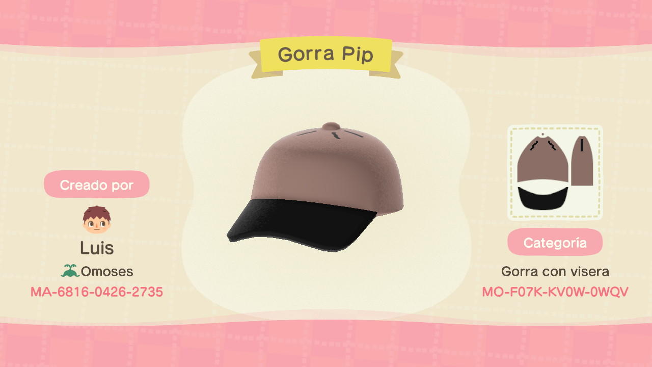 Animal Crossing Design Code: MO-F07K-KV0W-0WQV Gorra Pip
