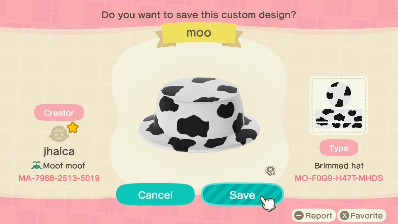 Animal Crossing Design Code: MO-F0G9-H47T-MHDS Moo Hat