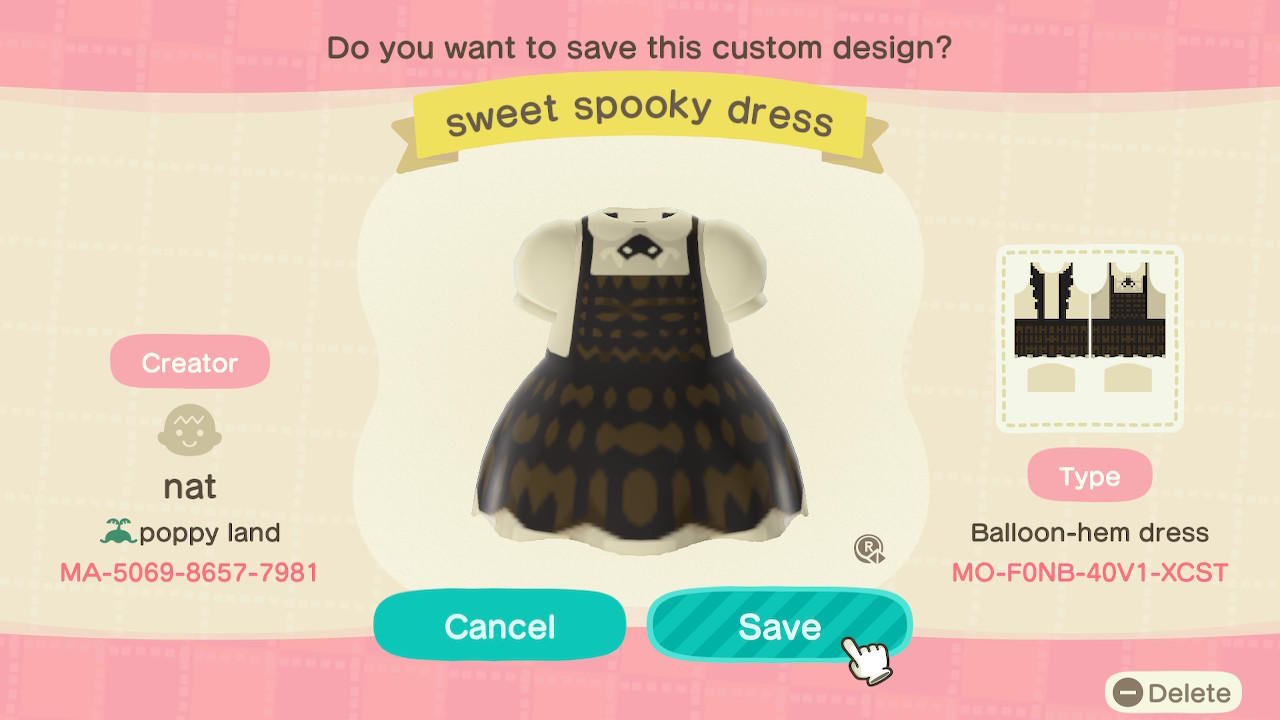 Animal Crossing Design Code: MO-F0NB-40V1-XCST sweet spooky dress