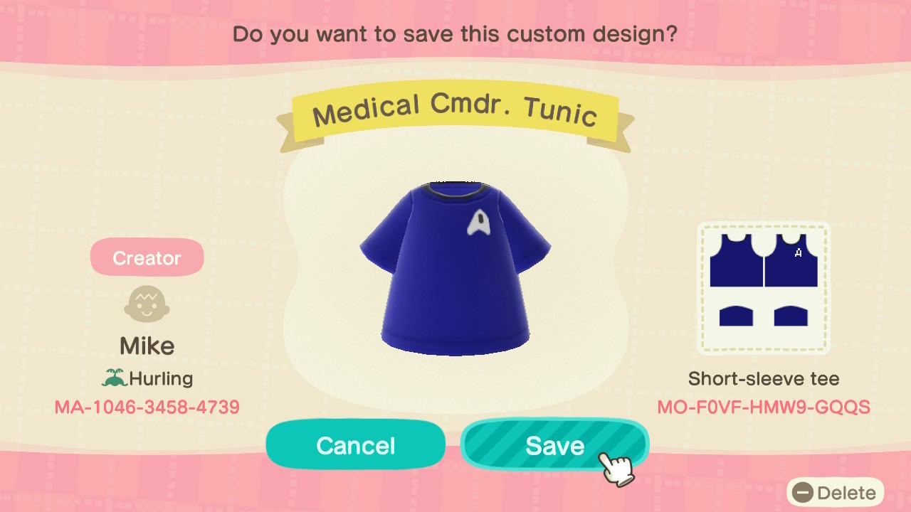 Animal Crossing Design Code: MO-F0VF-HMW9-GQQS Medical Cmdr. Tunic
