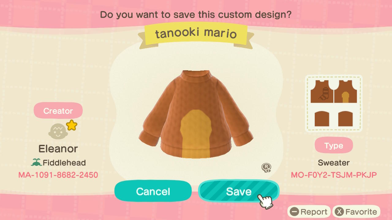 Animal Crossing Design Code: MO-F0Y2-TSJM-PKJP Tanooki Mario
