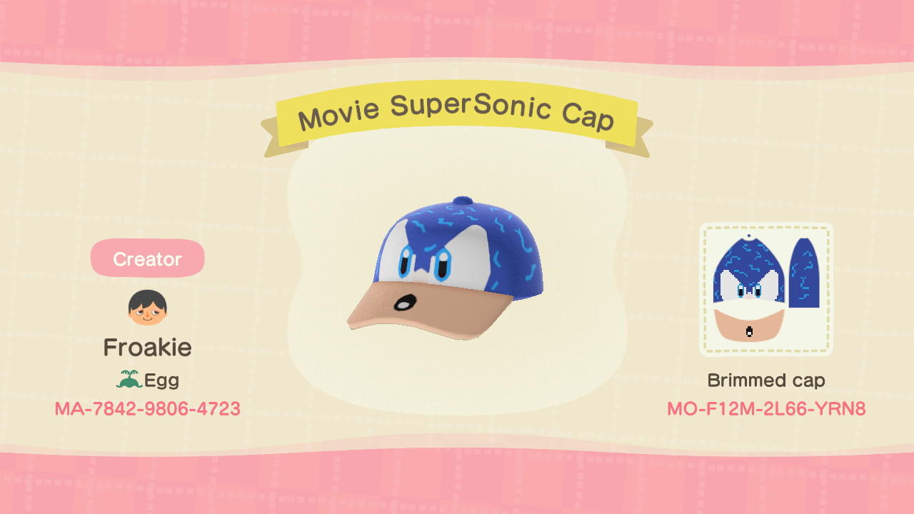 Animal Crossing Design Code: MO-F12M-2L66-YRN8 Movie SuperSonic Cap