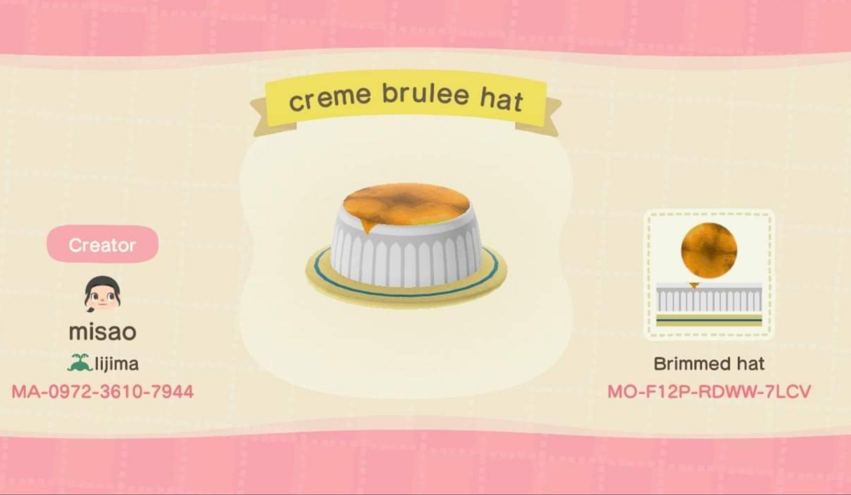 Animal Crossing Design Code: MO-F12P-RDWW-7LCV creme brulee hat
