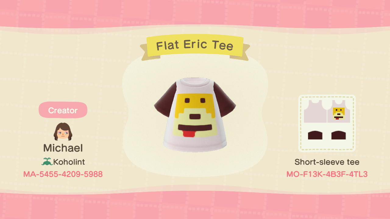 Animal Crossing Design Code: MO-F13K-4B3F-4TL3 Flat Eric Tee