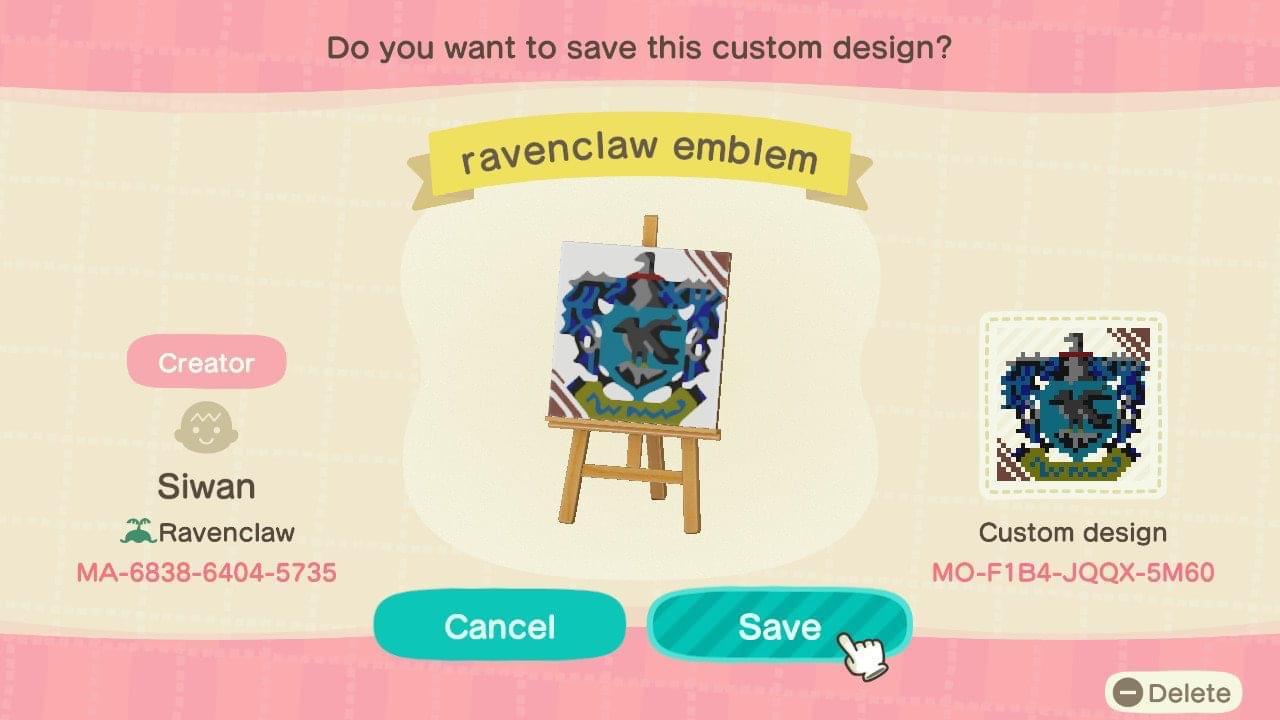 Animal Crossing Design Code: MO-F1B4-JQQX-5M60 Ravenclaw emblem