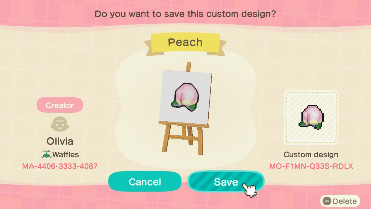 Animal Crossing Design Code: MO-F1MN-Q33S-RDLX Peach
