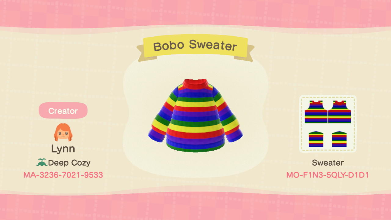 Animal Crossing Design Code: MO-F1N3-5QLY-D1D1 Bobo Sweater