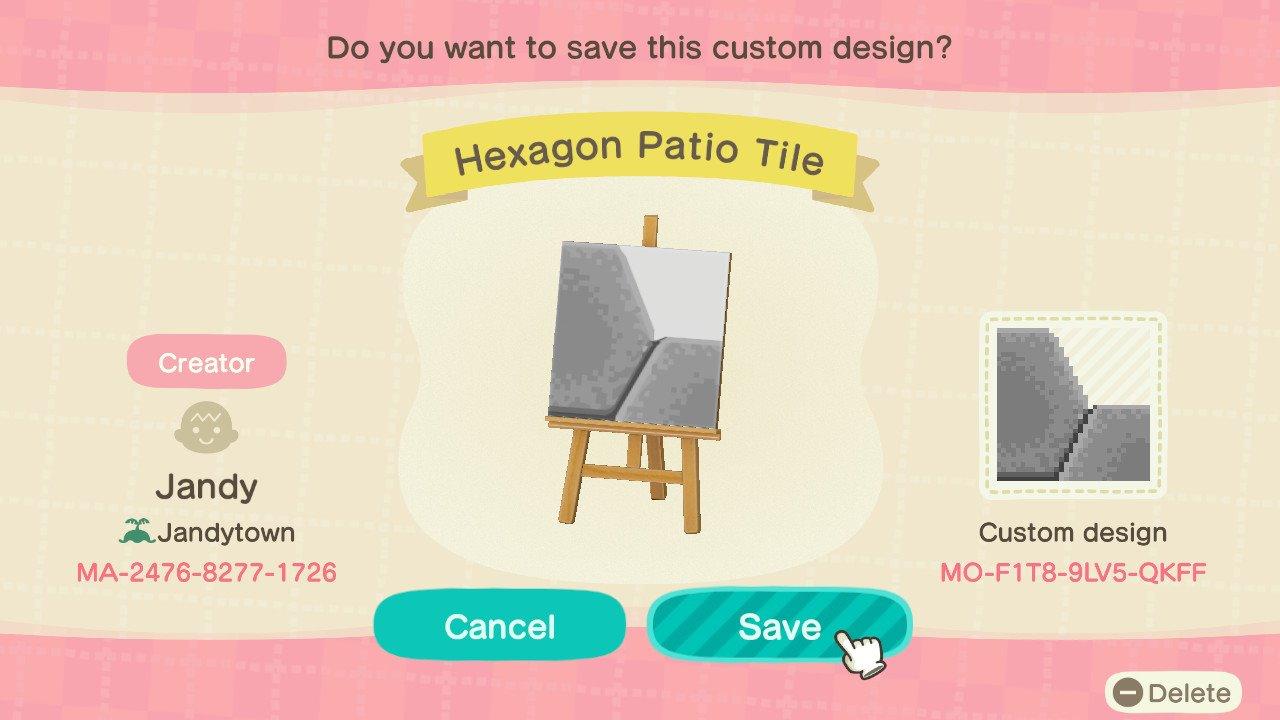 Animal Crossing Design Code: MO-F1T8-9LV5-QKFF Hexagon Patio Tile
