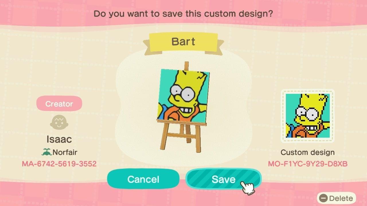 Animal Crossing Design Code: MO-F1YC-9Y29-D8XB Bart Simpson