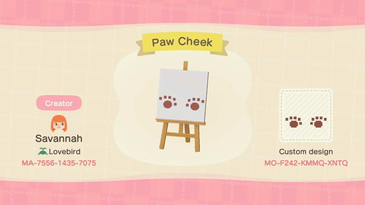 Animal Crossing Design Code: MO-F242-KMMQ-XNTQ Paw Cheek Facepaint