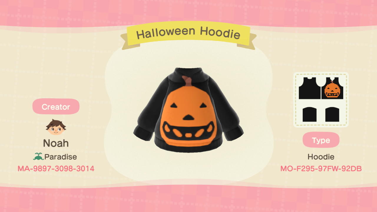Animal Crossing Design Code: MO-F295-97FW-92DB Halloween Hoodie