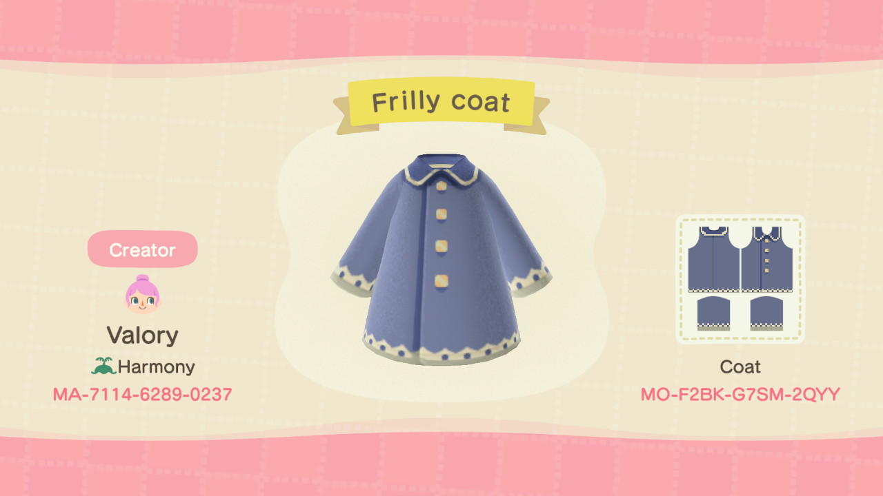 Animal Crossing Design Code: MO-F2BK-G7SM-2QYY Frilly Coat
