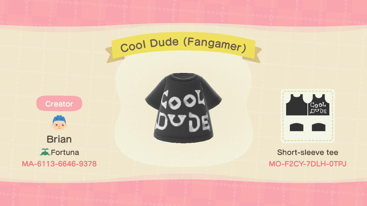 Animal Crossing Design Code: MO-F2CY-7DLH-0TPJ Cool Dude (Fangamer)