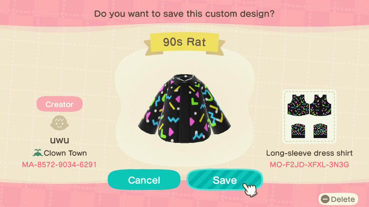 Animal Crossing Design Code: MO-F2JD-XFXL-3N3G 90s Rat