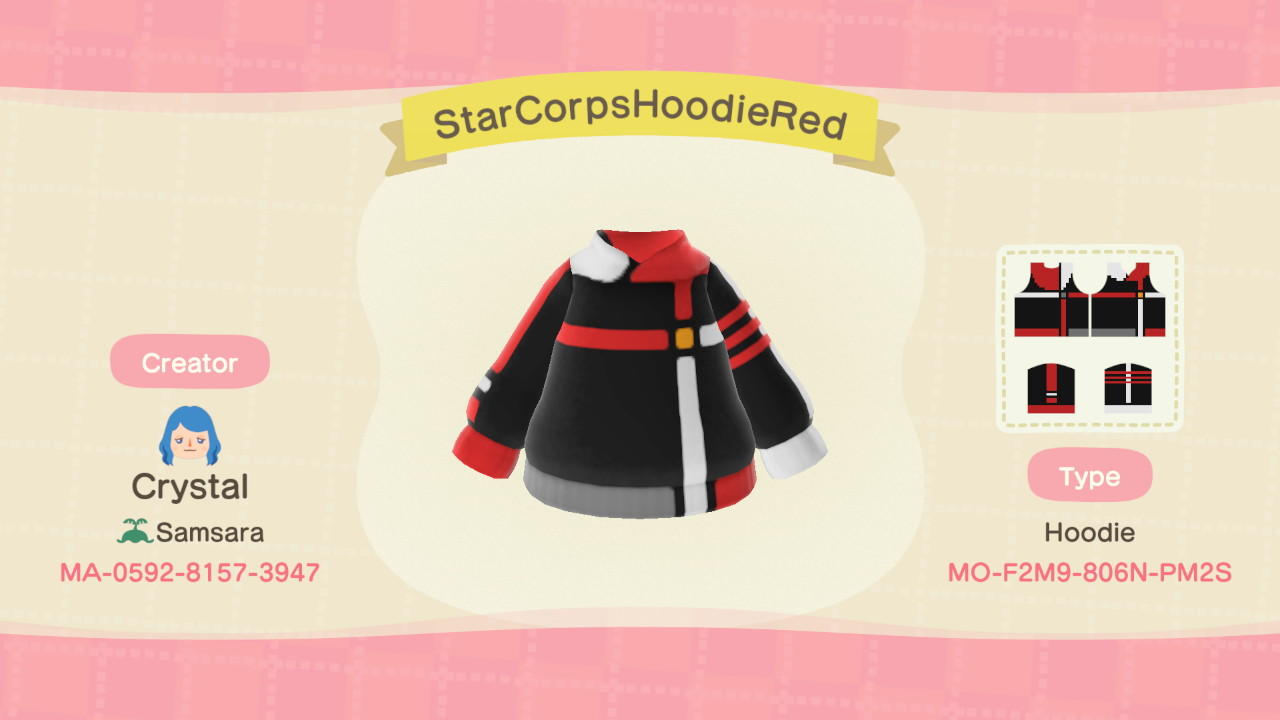 Animal Crossing Design Code: MO-F2M9-806N-PM2S StarCorpsHoodieRed