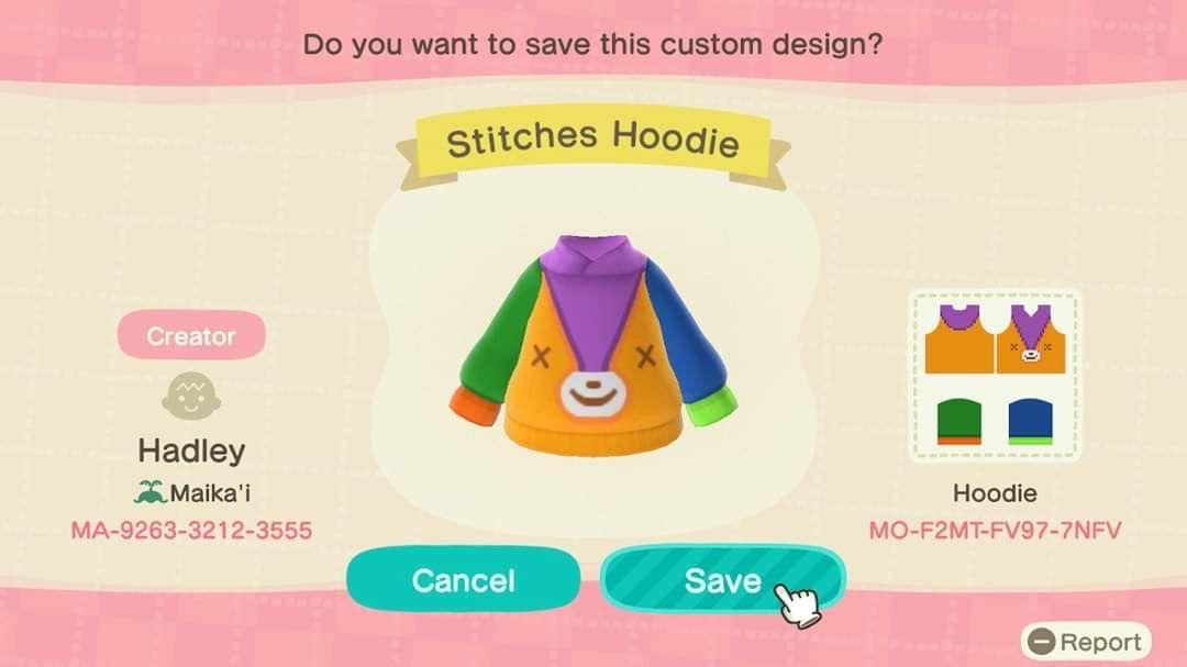 Animal Crossing Design Code: MO-F2MT-FV97-7NFV Stitches Hoodie