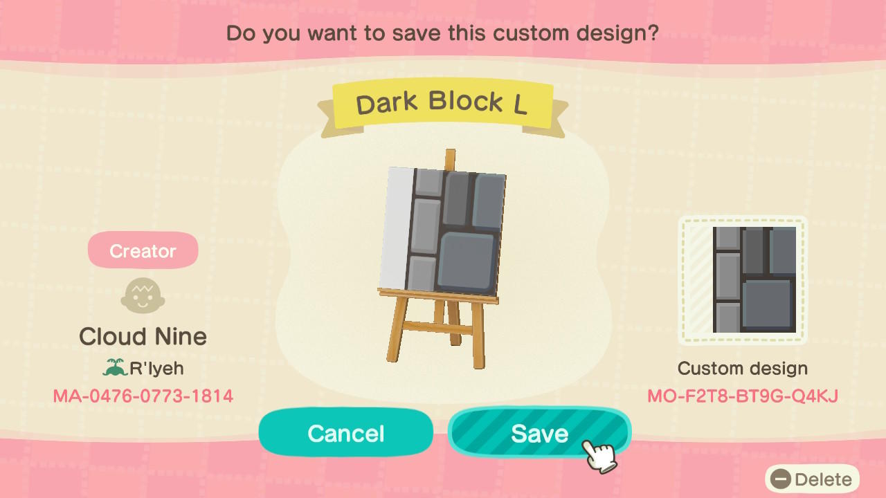 Animal Crossing Design Code: MO-F2T8-BT9G-Q4KJ Dark Block L