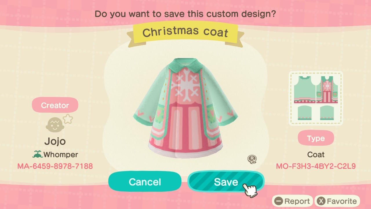 Animal Crossing Design Code: MO-F3H3-4BY2-C2L9 Christmas Coat
