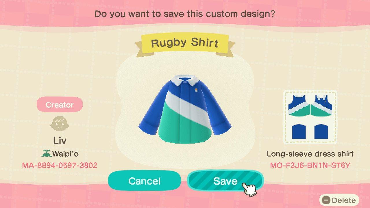 Animal Crossing Design Code: MO-F3J6-BN1N-ST6Y Rugby Shirt