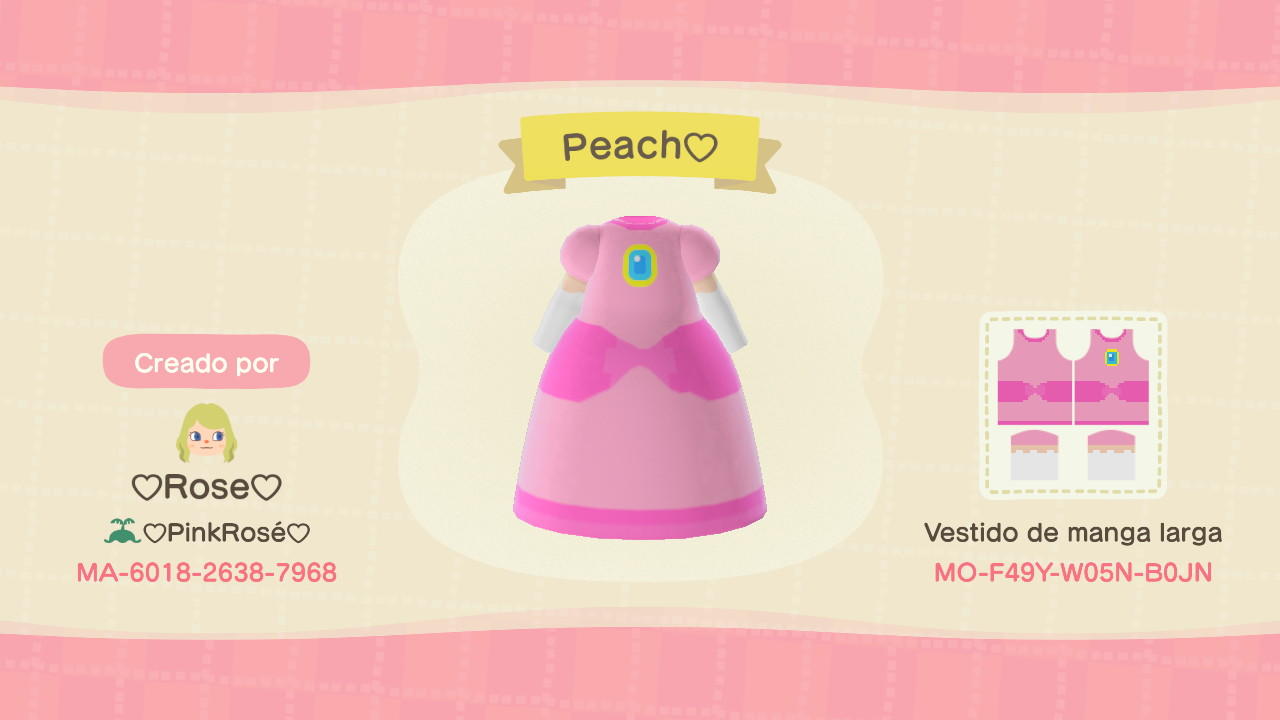 Animal Crossing Design Code: MO-F49Y-W05N-B0JN Princess Peach Dress