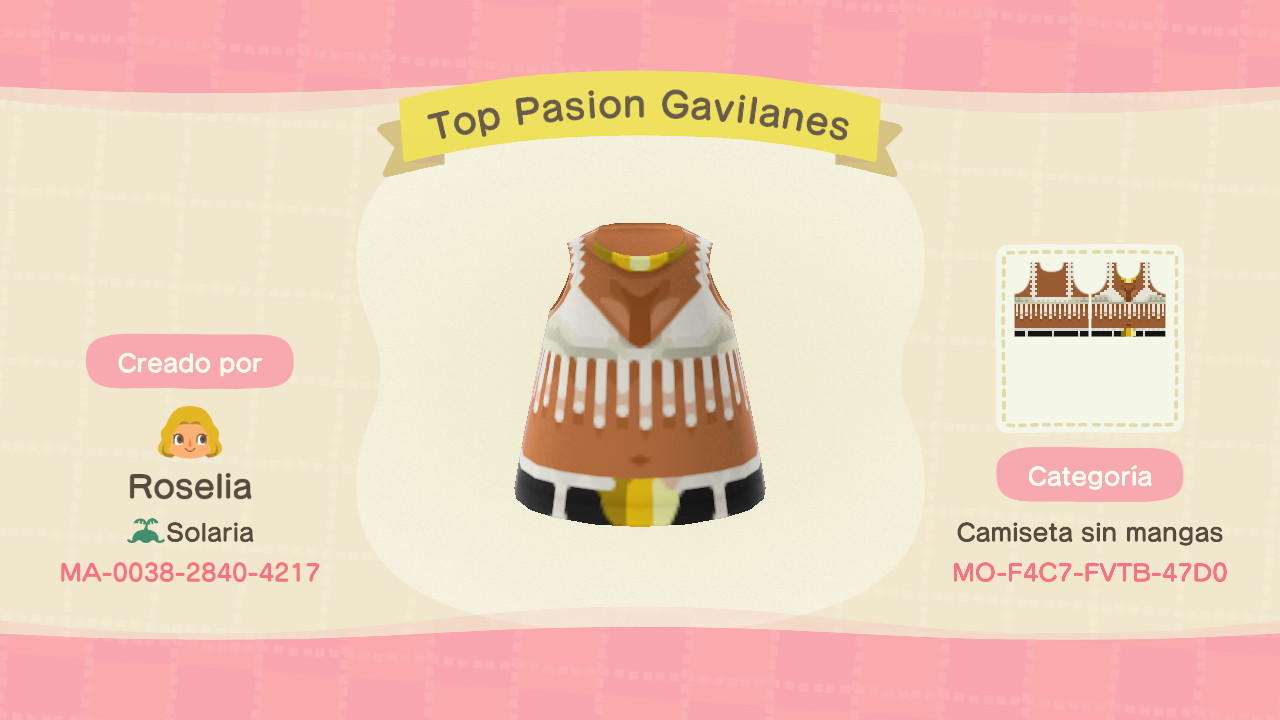 Animal Crossing Design Code: MO-F4C7-FVTB-47D0 Top Pasion Gavilanes
