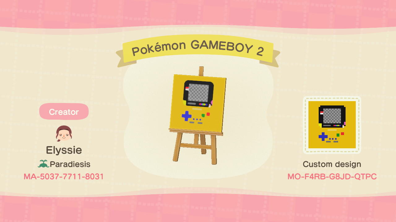 Animal Crossing Design Code: MO-F4RB-G8JD-QTPC Pokémon GAMEBOY 2