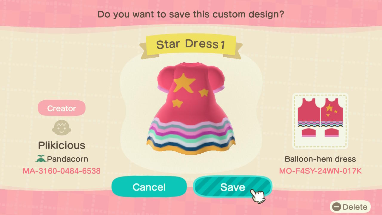 Animal Crossing Design Code: MO-F4SY-24WN-017K Star Dress 1